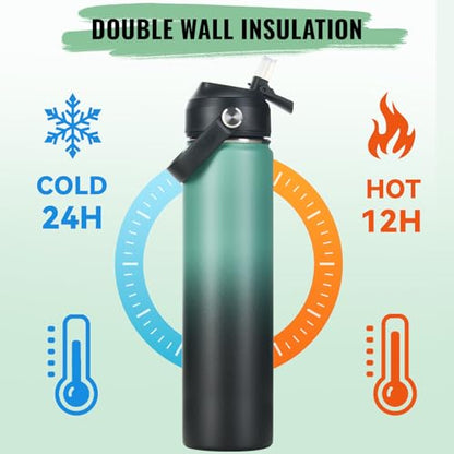 Fijinhom 24oz Insulated Stainless Steel Water Bottle, Wide Mouth Double Wall Vacuum, Silicone Straw, Sweat & Leak Proof, BPA Free Insulated Water Flask for Travel, Keep Cold 24h Hot 12h, Green & Black - color: Green & Black, size: 24 Ounces