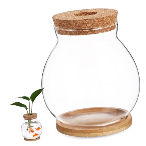 GANAZONO Mini Glass Fish Bowl with Wood Lid, Hydroponic Small Aquarium 10x11cm, Desktop Betta Fish Tank with Mat for Home and Office Decor