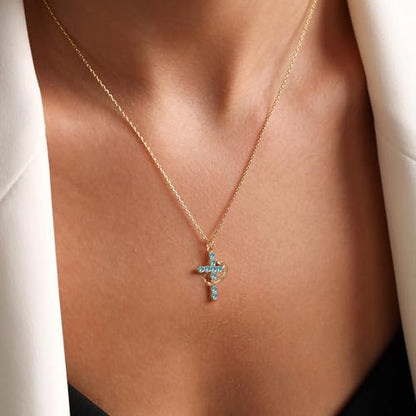 Robaice Upgraded Crown Cross Necklace for Women, 14K Gold Plated - color: M03 Aquamarine Blue, Mar