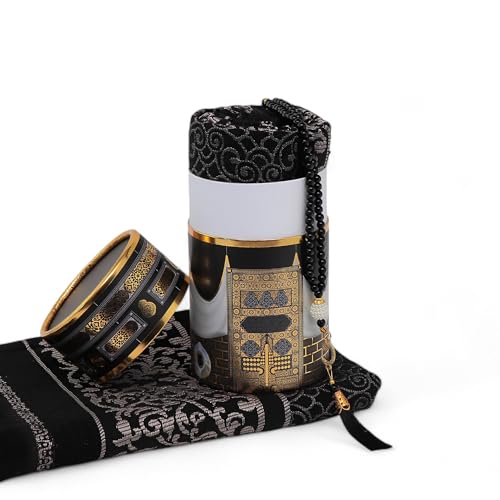 FURKAN Muslim Prayer Rug & Beads Set with Stylish Cylinder Gift Box Janamaz Sajadah Prayer Mat Perfect Islamic Spiritual Gift for Ramadan Islamic, Cylinder Gift Box - Model 2 - Black - color: Black