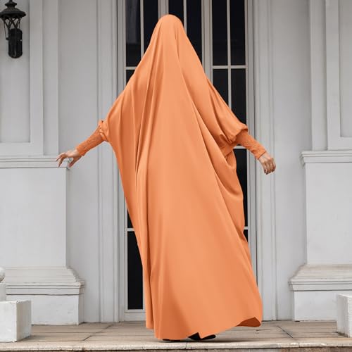 IDOPIP Muslim Abaya for Women One Piece Long Sleeve Islamic Prayer Dress with Hooded Hijab Maxi Kaftan Robe Modest Clothes - color: Orange