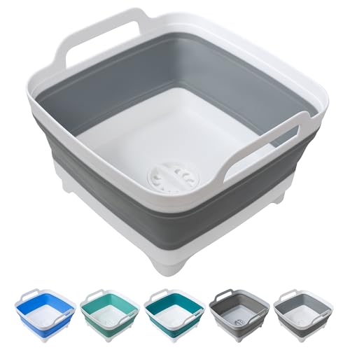 Dishpan for Washing Dishes, 2.4Gal/9L Wash Basin with Draining Plug Carry Handles, Collapsible Bucket for Cleaning, Portable Sink, Foldable Plastic Tub - color: Gray, size: 1 x 9L