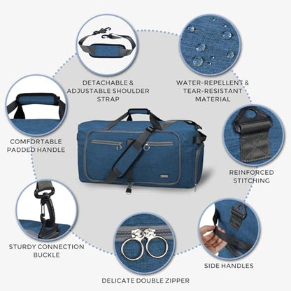Fmeida 65L Duffle Bag with Shoes Compartment, Foldable Travel Duffel Bags for Men Women, Large Packable Travel Bag Water Repellent & Tear Resistant (Blue) - color: Textured Blue