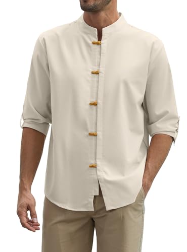 Zaitun Mens Cotton Linen Shirts Casual Buttons Down Roll-Up Sleeve Shirt Summer Chinese Style T-Shirts - color: Khaki, size: Small
