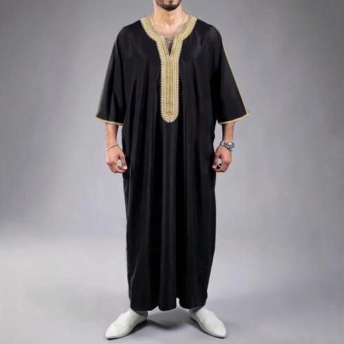 Mens Embroidery Moroccan Thobe Men Muslim Mogadishu Djellaba Robe Islamic Jubba Prayer Kaftan Islamic Arabic Abaya - color: Black, size: Medium
