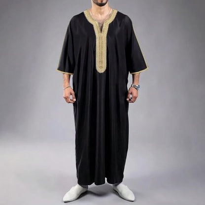 Mens Embroidery Moroccan Thobe Men Muslim Mogadishu Djellaba Robe Islamic Jubba Prayer Kaftan Islamic Arabic Abaya - color: Black, size: Medium