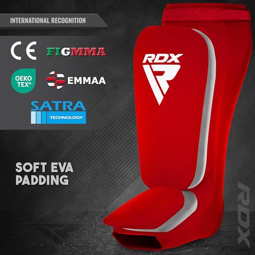 RDX Shin Guards Kickboxing Muay Thai, SATRA Approved, MMA Leg Instep Protection Pads, Sparring Training Martial Arts Boxing, Elasticated Padded Protector, Karate BJJ Taekwondo Gear, Men Women - color: Red White, size: Medium