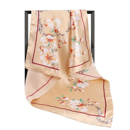 DRESHOW 35” Large Square Satin Head Scarf - 4Pcs Silk Accessories Classic Patterned Squares Beach Bandanas for Women - color: Floral Silk Scarf Set: Teal,pink,beige,burgundy