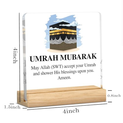 Umrah Mubarak Islamic Acrylic Sign Decor Hajj Ramadan Mubarak Table Decor Muslim Gifts Acrylic Plaque Arabic Ramadan Tree Gifts for Men Women with Wood Stand 4 X 4 Inches - style: Antique