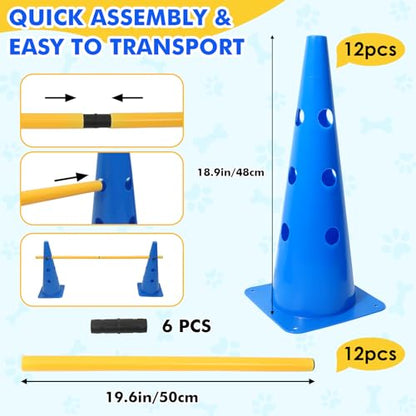 Wdmiya 18.9" Dog Agility Training Hurdle Cone Set with Adjustable Crossbar | Dog Agility Course Backyard Set, Dog Agility Equipment for Obedience, Rehabilitation, Starter - 12 Cones & 6 Poles
