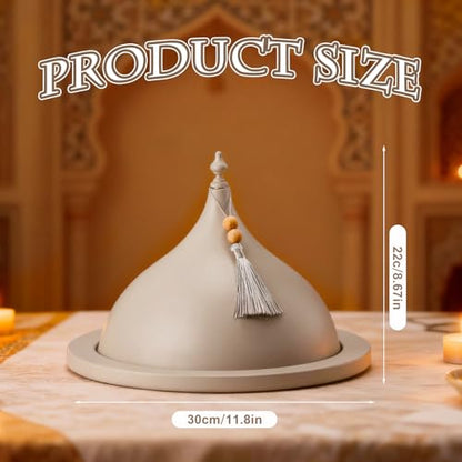 Qinyoung Decorative Ramadan Dates Cover, 12 Inch Taupe Metal Serving Dome Cloche Cover with Silver Tassel for Dates, Eid Serving Platter, Elegant Iftar and Suhoor Table Centerpiece - size: 12 Inch, style: Classic
