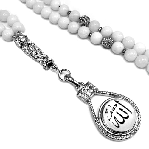 Special Prayer Beads Series -99 beads- Tesbih Tasbih Tasbeeh Misbaha Masbaha Subha Sebha Sibha (White Jade Stone -8 mm 99 Beads- & Zircon Stone Design) - color: White Jade Stone -8 mm 99 Beads- & Zircon Stone Design