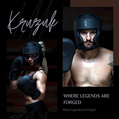 Kruzak Unisex Boxing Headgears - MMA Training, Adjustable Padded, Kara,Muay Thai Headgear, Kickboxing, Sparring, Martial Arts, Karate, Taekwondo MMA Body Equipment - color: Matte Black, size: Small-Medium