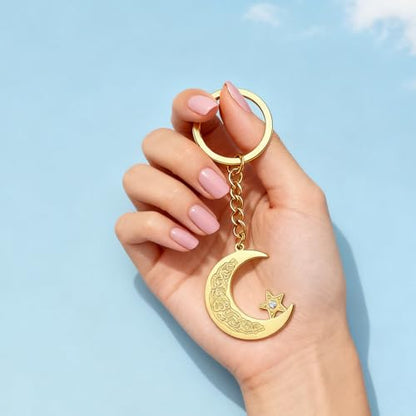 Islamic Ayatul Kursi Keychain Muslim Crescent Moon and Star Keyring Arabic Calligraphy Keyring Allah Amulet Jewelry - color: Gold