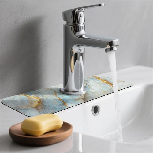 Kitchen Sink Splash Guard，Blue, white and gold marble-1 Faucet Mat Sink Gadgets-Super Absorbent Fast Drying Mat Drip Catcher for Kitchen, Bathroom,Sink Mat, Dish Drying Mat, Bathroom(15" X 5.5" ) - color: Blue, white and gold marble-1