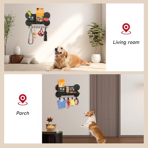 Wood Dog Leash Holder for Wall, Key Hangers with 3 Double Key Holder for Wall, Dog Stuff Organizer and Doggie Bone Key Hooks Wall Mount for Entryway, Farmhouse Treats, Black