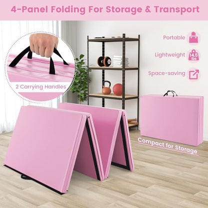 Goplus Folding Gymnastics Mat, 10’ x 4’ x 2’’ Thick Tumbling Mats with PU Leather, Hook & Loop Fasteners, Portable Handles, 4-Panel Exercise Mat for Home Gym Workouts, Yoga - color: Pink