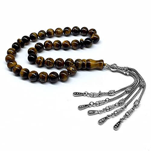 Big Prayer Beads-Worry Beads-Tesbih-Tasbih-Tasbeeh-Misbaha-Masbaha-Subha-Sebha-Sibha-Rosary (-Tiger Eye Natural Stone with Metal Tassel -10mm-33 Beads-) - color: Big Beads with Metal Tassel -10mm-33 Beads-