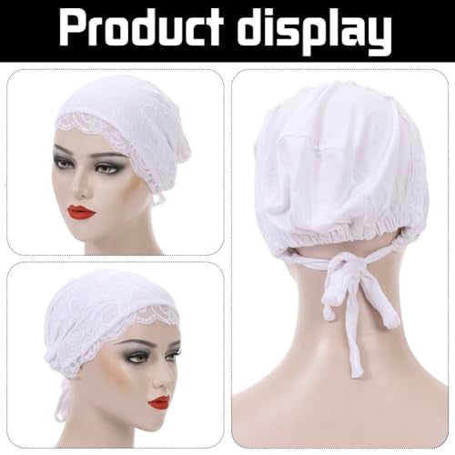 4 Pcs Lace Cotton Elastic Inner Beanies Cap for Islamic Muslim Hijab Undercap with Tie Back Closure Under Scarf Hat - color: Black & White