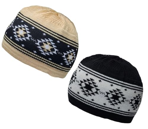 Set 2 PCS Muslim Beanies Kufi Hat for Men AMN-225B Skull Cap Islam Taqiyah Takke Eid Ramadan Gift - color: Color H