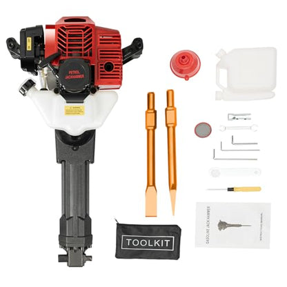 1900W 52CC Gas Powered Demolition Jack Hammer Concrete Breaker, 2 Stroke Air Cooling Gasoline Hammer Drill Tool with 2 Chisels for Building Construction and Ice Breaking Region