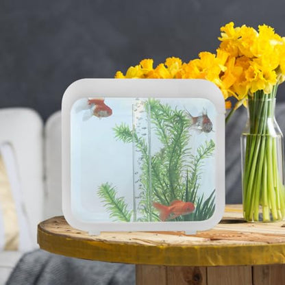 Plastic Aquarium Miniature Kits Small Aquarium Mini Fish Tank Small with LED Lighting Fish Landscape Box Desktop Decoration LED Creative - color: White
