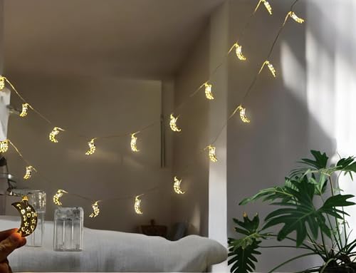 Metal String Lights, Indoor Ramadan Decoration, set of 2 String Lights 10pcs each set Total 20 lights Bright Multicolor LED Lights with Battery Pack Each 5ft Long (20pcs - 2 Sets) (Crescent_WW) - color: Crescent_WW
