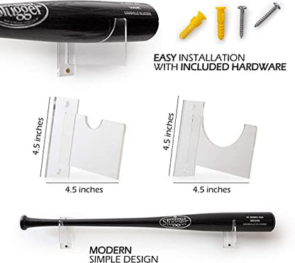 Baseball Bat Wall Mount Display - Horizontal Hanging Rack & Organizer | Sturdy Acrylic Bat Holder | Decorative Clear Sports Gear Wall Hanger Storage for Home, Living Room