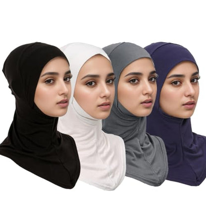Yeieeo 4PCS Hijab Undercap for Women, No Slip Full Coverage Hijab Inner Cap, Soft Underscarf Breathable Headwear - color: Wt+bk+gy+ny