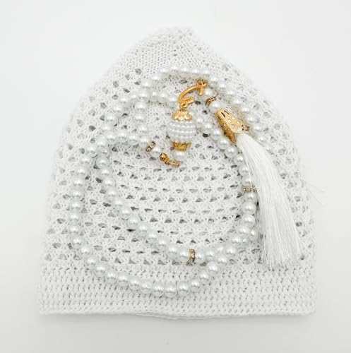 ESERRA Kufi Hats for Men and Women with 99 Tasbih Prayer Beads, Muslim Thick Breathable Skull Cap, Tasbeeh, Prayer Cap - color: White