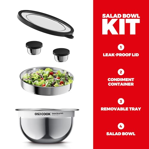 74oz Salad Bowl Kit with Lid & Tray, Scratch-Resistant 18/8 Stainless Steel Salad Bowls To Go For Lunch, Large Leak-Proof Container with 2 Condiment Canisters, Mirror - color: Mirror