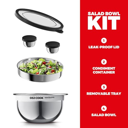 74oz Salad Bowl Kit with Lid & Tray, Scratch-Resistant 18/8 Stainless Steel Salad Bowls To Go For Lunch, Large Leak-Proof Container with 2 Condiment Canisters, Mirror - color: Mirror