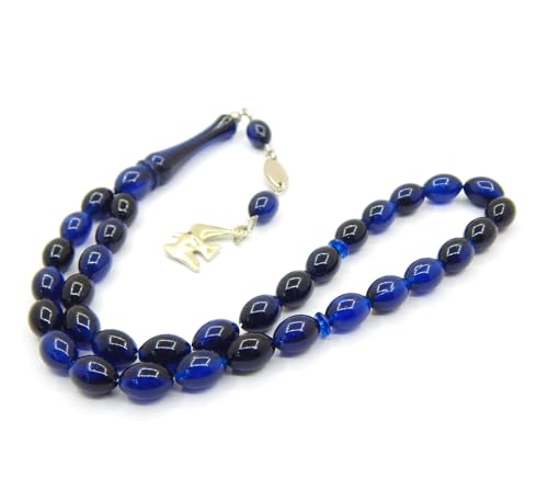 Perlin Muslim Prayer Beads 33 Bead Tasbih Islamic Misbaha Subha Dhikr Prayer Rosary with 12 x 8 mm Oval Beads, Ottoman Style Prayer Necklace with Metal Tassel, Handmade Islamic Gift, 25 cm (Navy Blue) - color: navy
