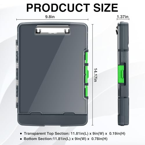 Sooez Original Clipboard with 2 Storage & Pen Holder, Heavy Duty Clip Boards 8.5x11 with Dual Storage, Clearview Dry Erase Coach Clipboard with Real Hinge, High Capacity, School & Office Supplies - color: Gray + Green