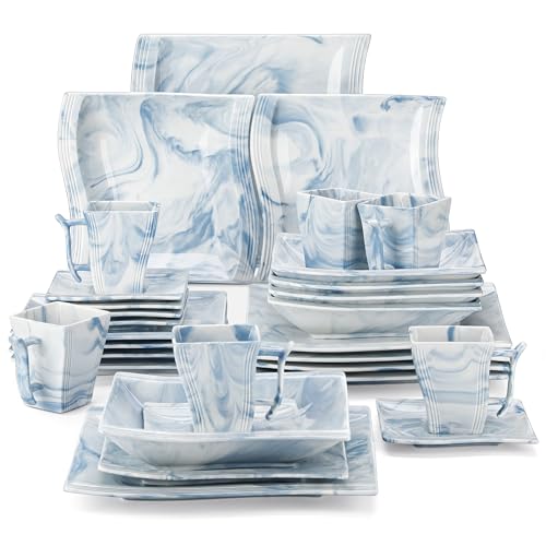 MALACASA Dinnerware Sets for 6, 30 Piece Porcelain Plates and Bowls Sets, Square Dish Set with Dinner Plate and Bowl, Cup and Saucer, Blue Dishes Dinnerware Set, Modern Dishware Sets, Series Flora - color: Blue, size: 30 Piece(Service for 6)