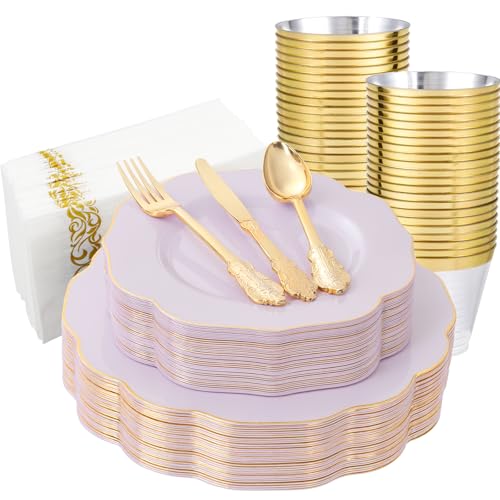 NOCCUR 175PCS Purple Plastic Plates with Gold Disposable Silverware - Include 50 Lavender and Gold Plastic Plates,25 Knives,25 Forks,25 Spoons,25 Cups and 25 Napkins - Wedding/Party/Spring - color: Purple, size: 175 Pieces (25 Guests)