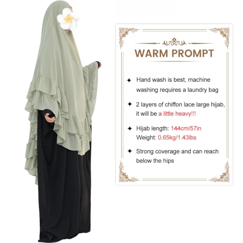 khalat Women's Hijab Chiffon Hijab for Women Muslim 2 Layers Ruffle Lightweight Large Hijab - color: Olive Green