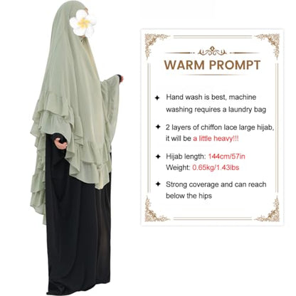 khalat Women's Hijab Chiffon Hijab for Women Muslim 2 Layers Ruffle Lightweight Large Hijab - color: Olive Green