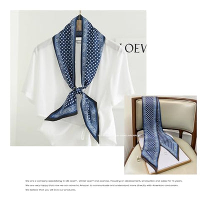 Silk Feeling Head Scarf Fashion Satin Hair Scarf Square Long Scarves for Women Gifts - color: 02 Blue Black Scarf 5.12 X 59 Inch
