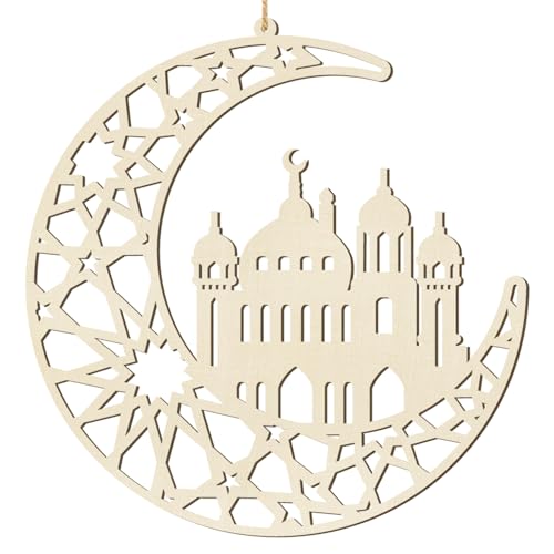 Ramadan Decorations Eid Mubarak Wreath Door Sign Wooden Hanging Signs, Kareem Hollow Ornament Moon and Stars, Moon Shape Ramadan Mubarak Party Wood Wall Hanger for Islamic Muslim Home Decor - color: Red