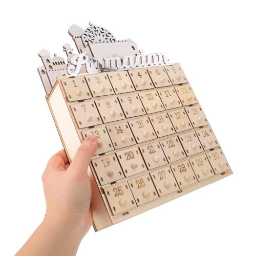 LABRIMP Ramadan Countdown Calendar with 30 Mini Drawers and LED Light - Muslim Eid Festival Party Decoration Wooden Ramadan Advent Calendar for Home Decor