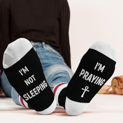 I'm Not Sleeping - Christian Faith Cross Socks Crew Socks, Religious Socks for Adults Teens Prayer, Pastor Gifts - color: Black and White, Red Line