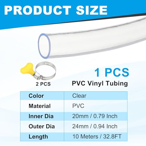 PATIKIL 1pcs Plastic Tubing, 20mm x 24mm x 10M Vinyl Tubing Clear Tube with Hose Clamps, Soft Hose Line Pipe for Multipurpose Industrial Vinyl Aquarium - size: 20mm x 24mm x 10M