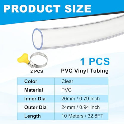 PATIKIL 1pcs Plastic Tubing, 20mm x 24mm x 10M Vinyl Tubing Clear Tube with Hose Clamps, Soft Hose Line Pipe for Multipurpose Industrial Vinyl Aquarium - size: 20mm x 24mm x 10M