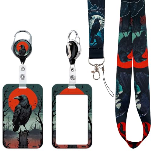 Cool Lanyards for Id Badges, Sliding Badge Holder with Retractable Clip, Crow Breakaway Lanyard for Keys for Men Boy Teenager - style: Crow