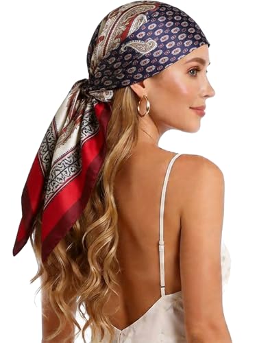 Silk-Feel 35x35 Satin Hair Scarf | Multi-Way Head Wrap for Sleep, Style & Hijab | Gift-Ready Fashion Scarf for Women - color: Red-totems