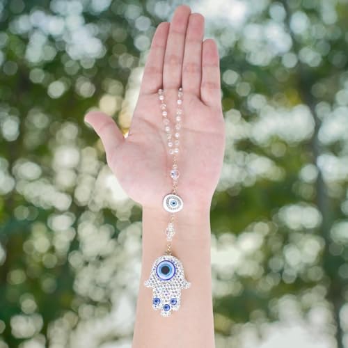 White Crystal Hamsa Hand Evil Eye Car Mirror Charm Ornament - color: White