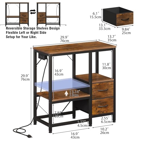 20-29 Gallon Fish Tank Stand with Power Outlet Vintage Metal Aquarium Stand with 2 Fabric Drawers Heavy Duty Reptile Tank Stand with 3-Tier Adjustable Storage Shelves, Left-Right Mounting