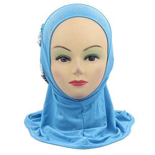 Instant Hijab for Kids Girls Hijabs Muslim Islamic Head Scarf with Rhinestone and Flowers - color: Sky Blue