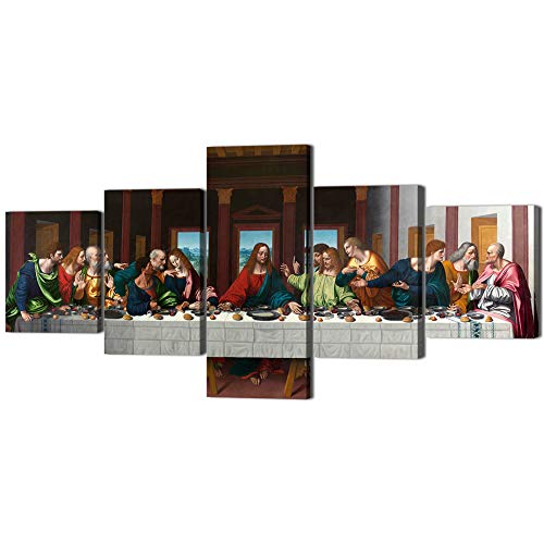The Last Supper Painting on Canvas Wall Pictures for Living Room 5 Pieces Last Supper Wall Art Retro Vintage Wooden Modern Framed Posters and Prints Giclee Gallery Wrap Artwork Stretched (50''Wx24''H) - color: Artwork-01, size: 50''Wx24''H